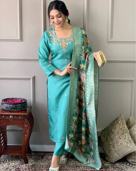 OMICRON FAB Embroidered Kurta, Trouser/Pant & Dupatta Set
