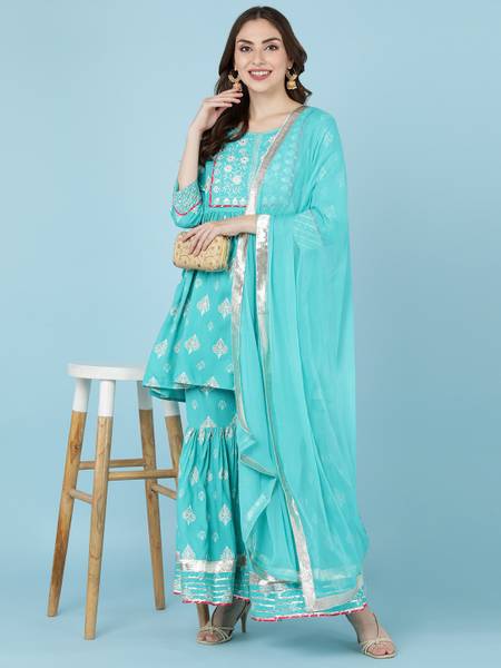 Gulabi Leaf Women Kurta Sharara Dupatta Set