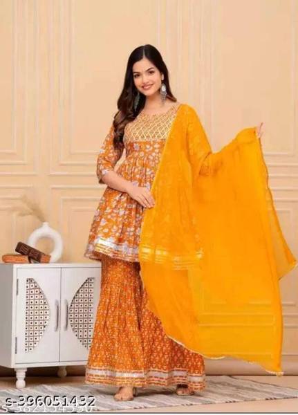 BLEVY Women Kurti Sharara Dupatta Set