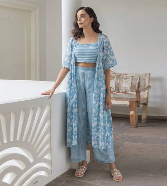 MANOJAVA Women Crop Top Palazzo Ethnic Jacket Set