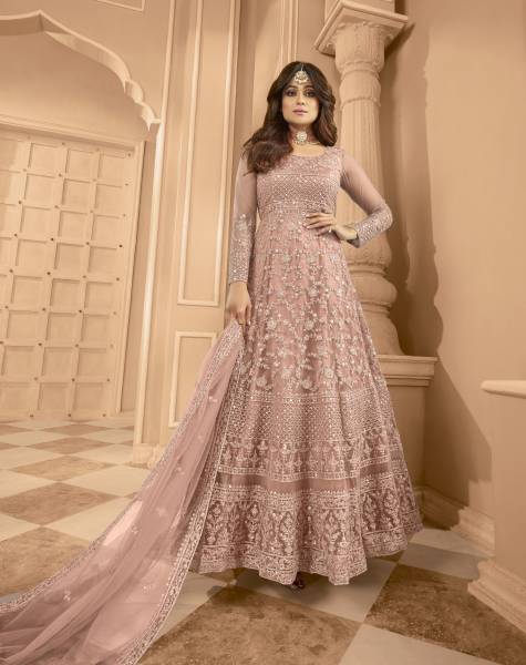 Divine Exim Net/Lace Embroidered, Embellished Gown/Anarkali Kurta & Bottom Material