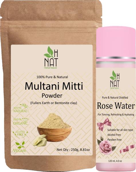 H NAT Multani mitti powder 250g+ Rose water 120ml Combo Face, Skin Glow & 100% Natural
