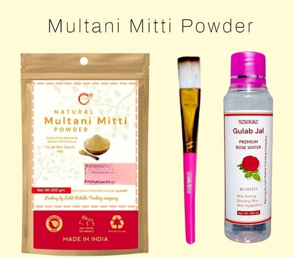 slukrl Combo Pack Multani Mitti Face Powder|Rose Water|Gulab Jal| Makeup Brush