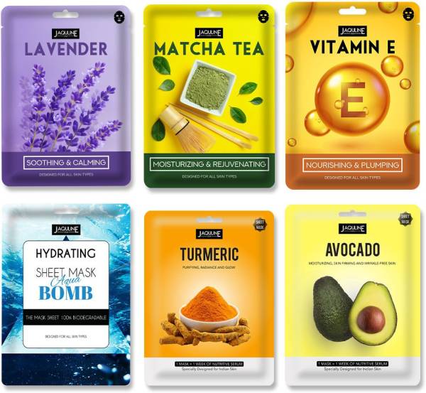 Jaquline USA Lavender , Matcha TEA , Vitamin E , Aqua Bomb , Turmeric , Avocado Sheet Mask