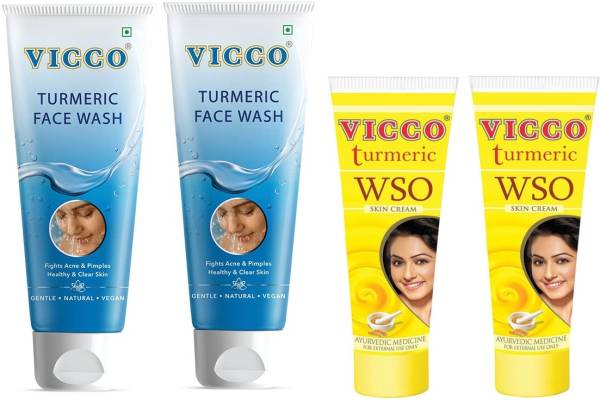 VICCO Turmeric Facewash (70g X 2) +WSO Cream(30g X 2) Face Wash