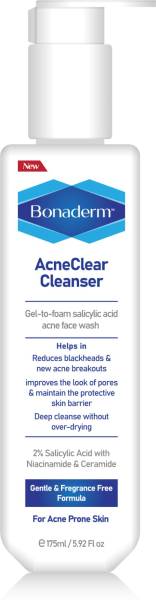 Bonaderm AcneClear Cleanser|Gel to Foam 2% Salicylic Acid with Niacinamide and Ceramide Face Wash