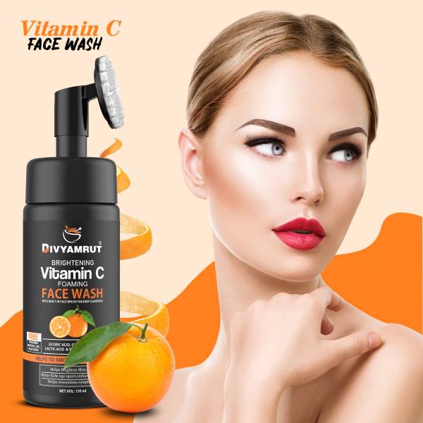 DIVYAMRUT SKIN SCIENCE Brightening Vitamin C Foaming with Built-In Face Brush for deep cleansing - No Parabens, Sulphate, Silicones & Color - 150 ml F...