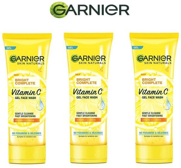 GARNIER Facewash Gel, Gentle Cleanser, Fast Brightening, For Instant Brighter Skin, Bright Complete Vitamin C, 50g (PACK OF 3) Face Wash