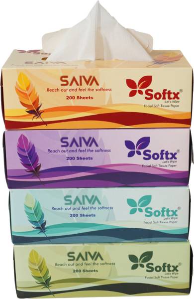 softx Saiva Facial Tissue (4x100 Pulls) For Home/Office/Car, 4 Boxes.