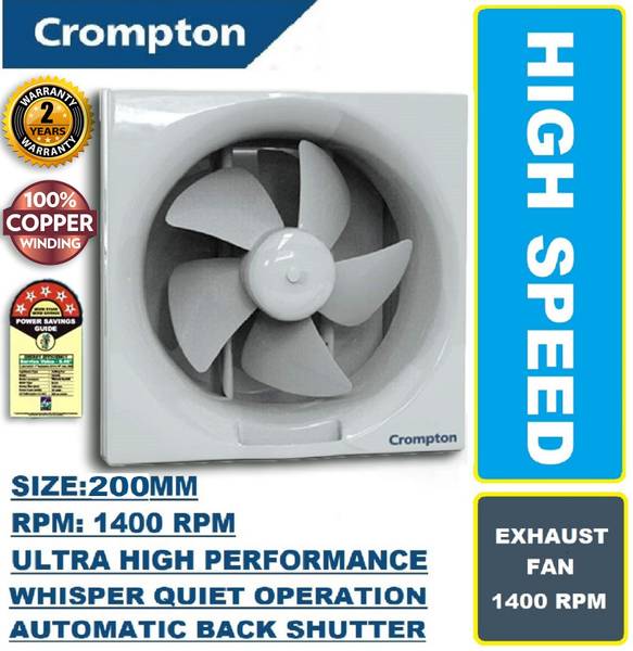 Crompton Brisk Air Neo Super Silent AUTOMATIC SHUTTERS 100% COPPER High Speed1 5 Star 200 mm Silent Operation 6 Blade Exhaust Fan