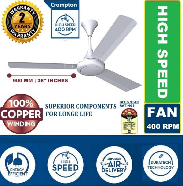 Crompton SUPER HIGH SPEED 400 RPM 51w 30% Energy Saver 100% COPPER Longer Life1 1 Star 900 mm Ultra High Speed 3 Blade Ceiling Fan