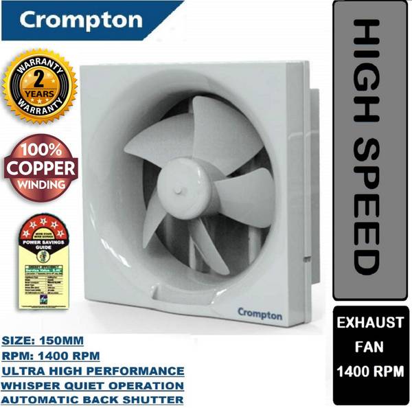 Crompton Brisk Air Neo Super Silent AUTOMATIC SHUTTERS 100% COPPER High Speed6 5 Star 150 mm Silent Operation 6 Blade Exhaust Fan