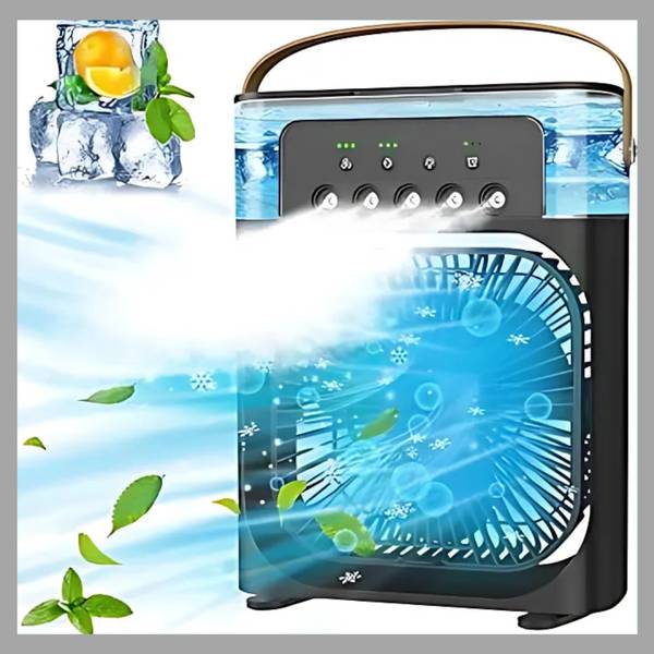 DRUMSTONE Portable Air Cooler USB-Powered Mini AC 7-Color LED 3-Speed Fan & 3 Spray Modes 3 mm 3 Blade Table Fan