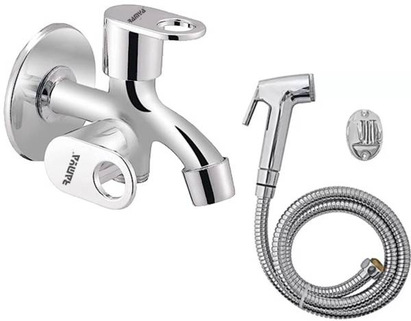 Ramya Max Bib Cock 2 Way With Conti Health Faucet Complete Set For Bathroom And Kitchen Chrome Plated Twin Elbow Valve Faucet