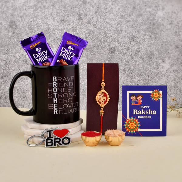 Cadbury 2 Dairy Milk Chocolate 1 Mug 1 Rakhi 1 Keychain 1 Roli Chawal 1 Greeting Card Ceramic Gift Box