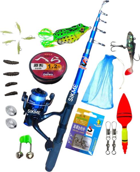 Sikme 7Ft 210cm Fishing Rod & Reel Combo: Complete Fishing Kit with Frog Lures, Lines, Hooks, Bait Bell - All-in-One Set! Blue Fishing Rod