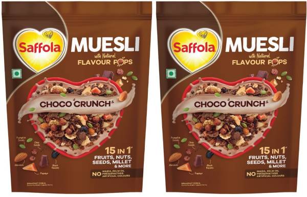 Saffola Muesli Choco Crunch with Flavour Pops, 15 in 1 Fruit, Nuts, Millet & more Pouch Pouch