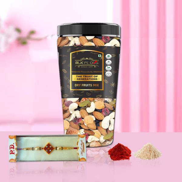 BLK FOODS Rakhi Special Gift Pack | Dry Fruits & Nuts Mix with Rakhi & Roli Chawal Combo