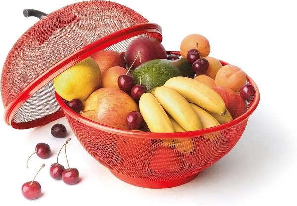 GLOSSISHINE Fruits & Vegetables Basket for Kitchen, Fruit Basket with Net Cover Stainless Steel Fruit & Vegetable Basket