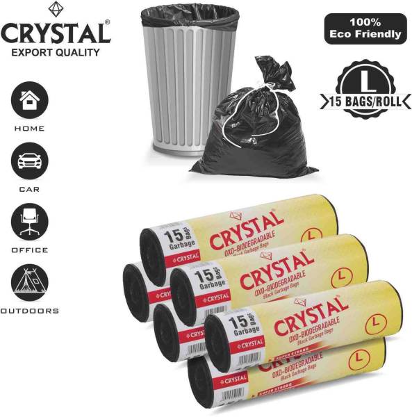 CRYSTAL Biodegradable on Roll 24 x 32 Black - 15 Pcs x 6, Large 45 L Garbage Bag Pack Of 90