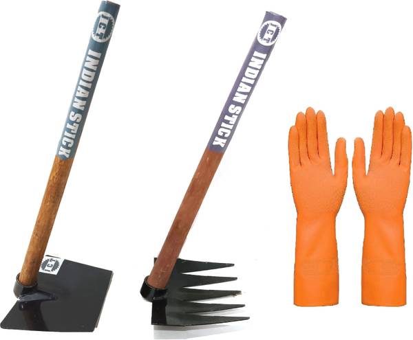 JCT AGRICO IRON STEEL SPADE,IRON STEEL RAKE WITH WOODEN HANDLE (70,70CM),RUBBER GLOVES Garden Tool Kit