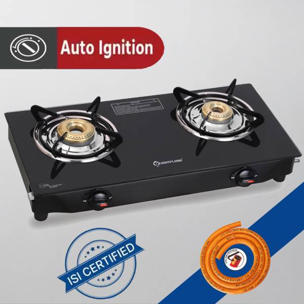 LIGHTFLAME Smart, 2 Burner Gas Stove Auto-Ignition with 1.5 Mtr Hose Pipe ISI Certification Glass Automatic Gas Stove