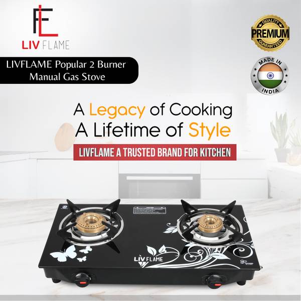 LIVFLAME Popular Cute Blkd Toughened Glass Gas stove(Manual,Black) Glass Manual Gas Stove