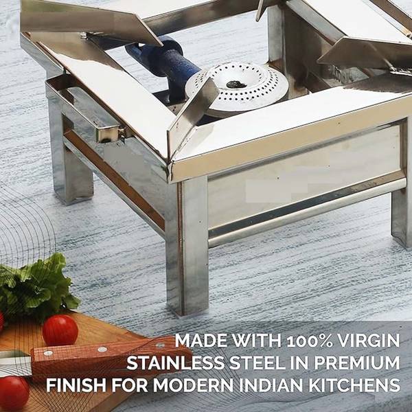 NETVULL Single Burner Stainless Steel Square Canteen Bhatti Gas Stove (Silver; 10 X 10) Stainless Steel Manual Gas Stove