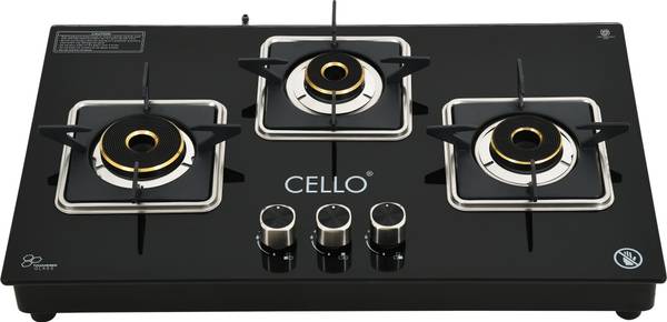 CELLO Platinum 3 Burner Automatic Hob Top LPG Gas Stove 8mm Black Toughened Glass Top Glass Automatic Hob