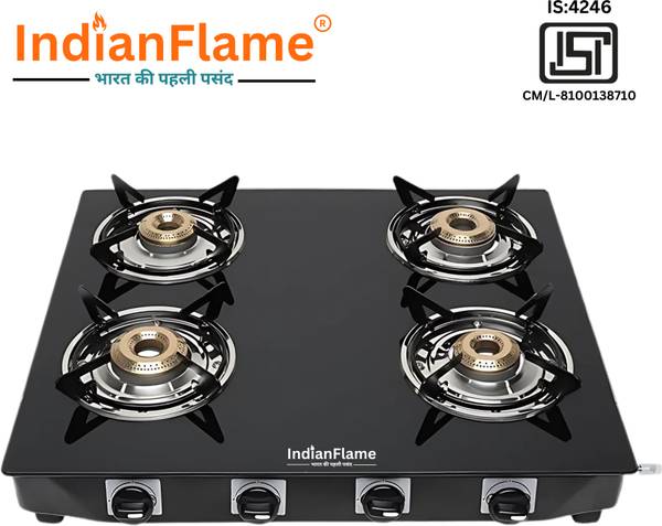 IndianFlame 4 Burner with Forged Black Toughened Glass Manual Gas Stove