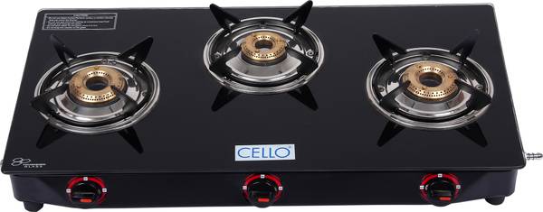 cello Regal 3 Burner Black Manual Ignition Glass Top Gas Stove