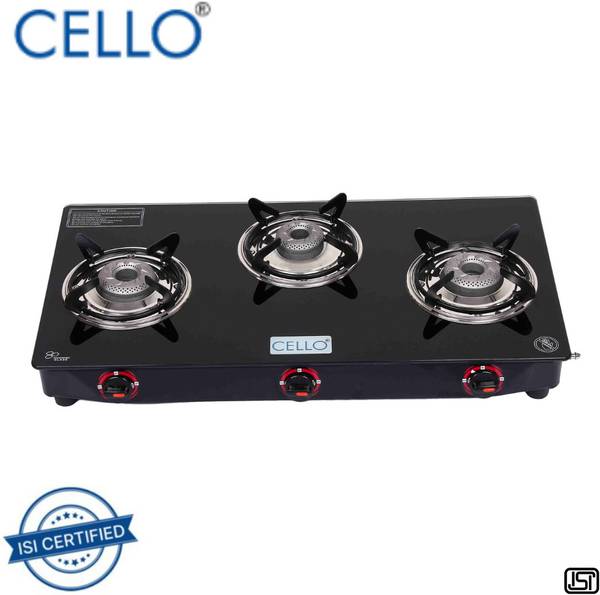 cello Premium 3 Burner Black Manual Ignition Glass Top Gas Stove