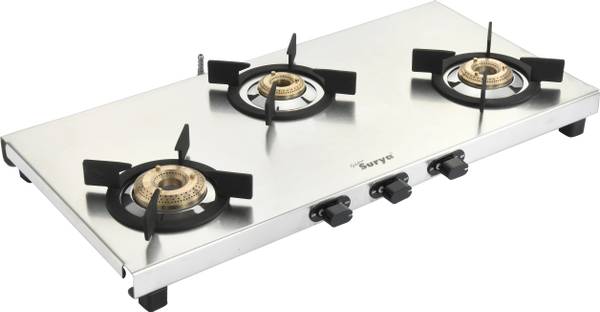 Golden Surya ISI Certified, 3 Burner Gas Stove, | Heavy Duty Stainless Steel Frame | LPG Use Stainless Steel Manual Gas Stove