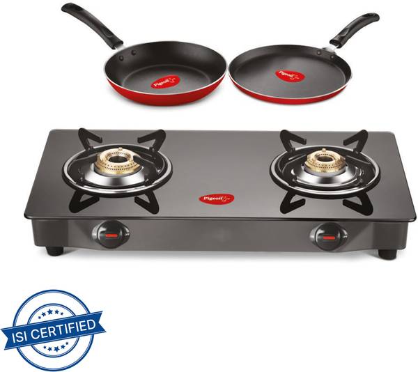 Pigeon Gas Stove Combo - Brunet 2 Burner Gas Cooktop + Flat tawa 250 + Fry Pan 240 Stainless Steel Manual Gas Stove