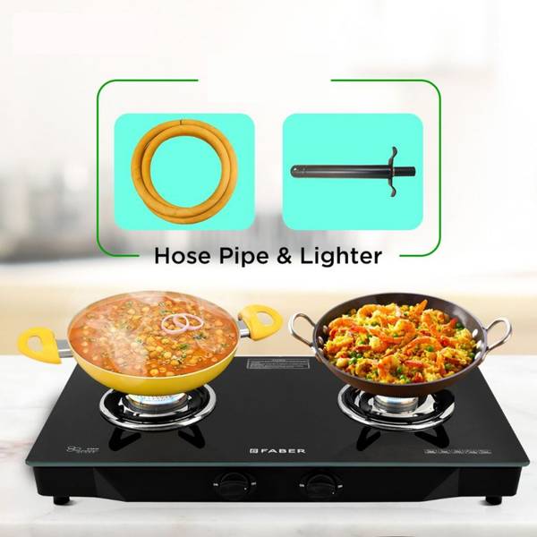 FABER COOKTOP DAISY PRO 2BB Brass Burner with Lighter & Hose Pipe Glass Manual Gas Stove Price
