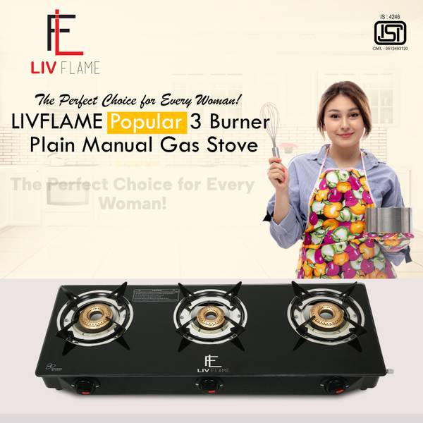 LIVFLAME Popular Cute Plain Burner Toughened Glass Gas stove (Manual,Black) Glass Manual Gas Stove
