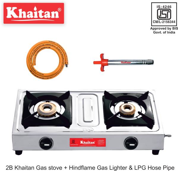 Khaitan 2B Classic + 1 HF Lighter + 1 HF Hose pipe ISI Manual Gas Stove Stainless Steel Manual Gas Stove