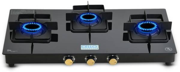 cello Black Pearl 3 Burner Toughened Glass Top Gas Stove, Brass Burners, Black Finish Brass Manual Gas Stove