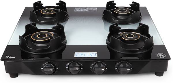 cello Gradient 4 Burner Black Gas Cooktop, Dual Shade Toughened Glass, ISI Certified Glass Manual Gas Stove