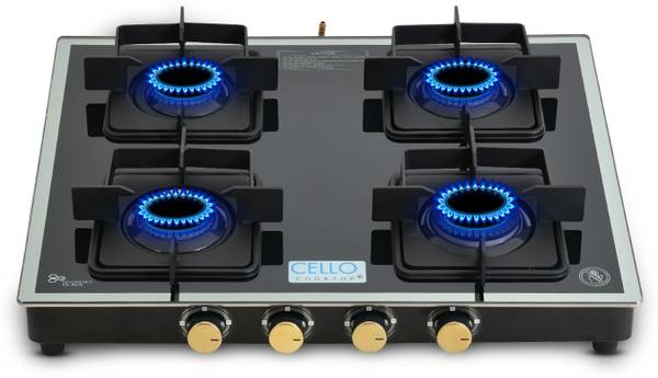 cello Black Pearl 4 Burner Toughened Glass Top Gas Stove, Brass Burners, Black Finish Glass Manual Gas Stove
