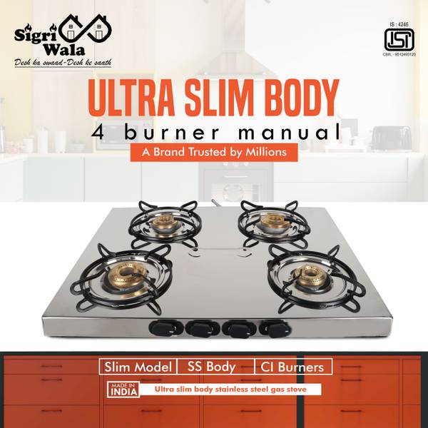 Sigri-wala Surya Primecook Manual Slim SS Stainless Steel Manual Gas Stove
