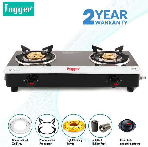 Fogger Manual Ignition Sleek & Compact with Toughened Glass Cooktop Color-White & Black Cast Iron Manual Gas Stove