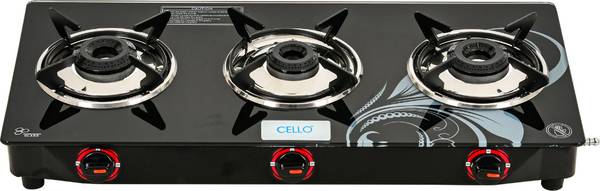 CELLO Crown 3 Burner Black Manual Ignition LPG Glass Top Gas Stove, ISI Certified Glass Manual Gas Stove