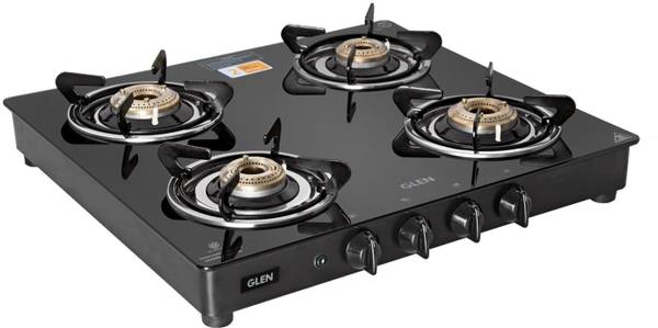 Glen 4 Burner Glass PNG Gas Stove with Brass Burner, Black (1043GTBBBLPNAI) Glass Automatic Gas Stove