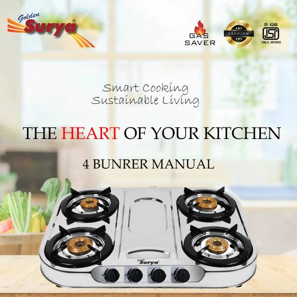 Golden Surya ISI Certified PNG 3 Burner Gas Stove | High-Efficiency Brass Burners | PNG Use" Stainless Steel Manual Gas Stove