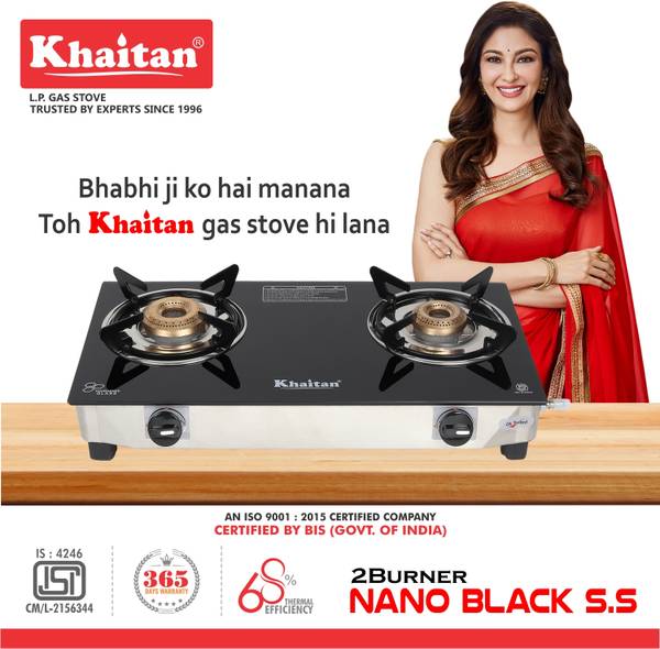 Khaitan 2 Burner Nano Stainless Steel frame Glass Manual Gas Stove