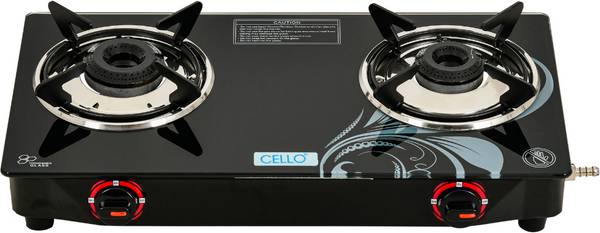 CELLO Crown 2 Burner Black Gas Cooktop,Toughened Glass, ISI Certified, 1 Year Warranty Glass Manual Gas Stove