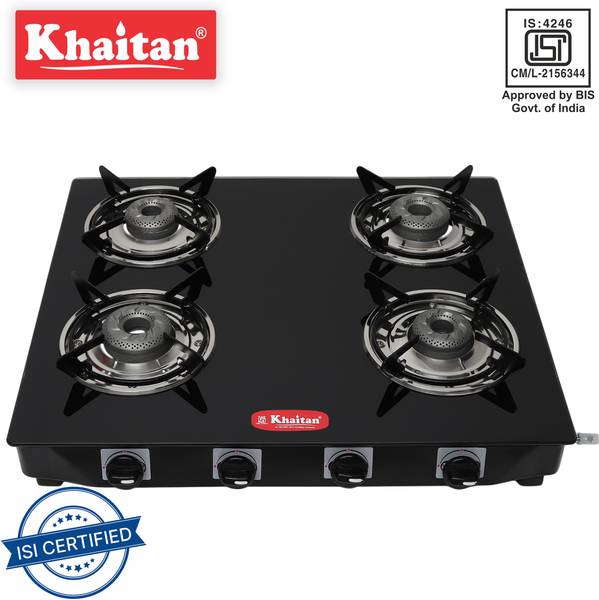 Khaitan 4 Burner Active Forge Black Toughened Glass Manual Gas Stove
