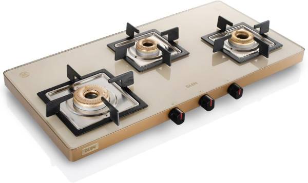 Glen Ultra Slim Apricot Gas Stove with 3 High Flame Forged Brass Burner,1035USAC Glass Manual Gas Stove