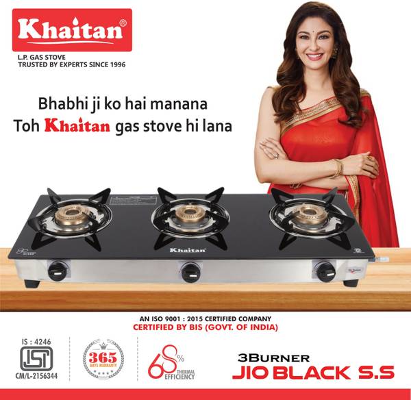 Khaitan 3B JIO Stainless Steel Black Glass Manual Gas Stove